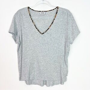 SCOTCH & SODA GRAY V-NECK T-SHIRT CONTRAST LEOPARD FABRIC WOMENS LARGE